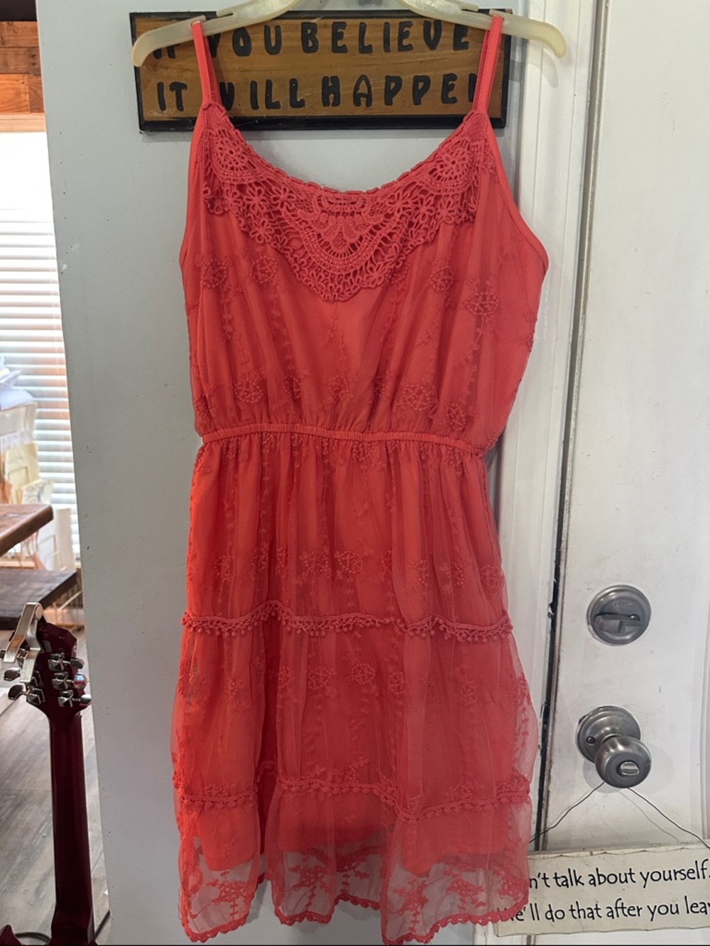 Pinky Coral Lace-Trim Spaghetti Strap Mini Dress